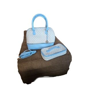 Iman global chic Satchel Handbag Removable Cosmetic Bag Adj Shoulder Strap Blue